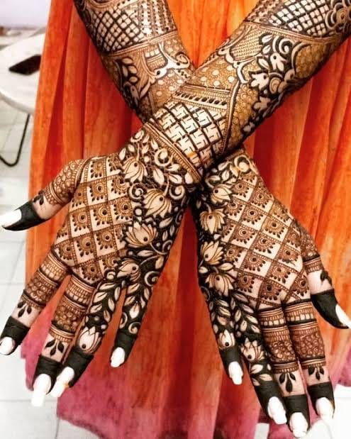 Close-up intricate bridal mehndi on both hands — Vizag work 1
